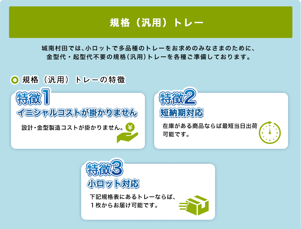 規格（汎用）トレー 城南村田ホールディングスでは、小ロットで多品種のトレーをお求めのみなさまのために、金型代・起型代不要の規格（汎用）トレーを各種ご準備しております。